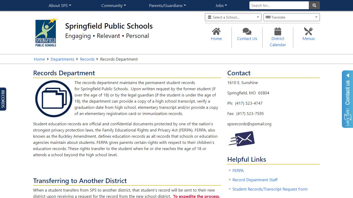 Records / Records Department - Springfield Public Schools